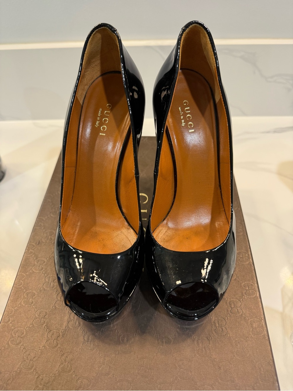 Gucci Black Patent Leather Peep-Toe Heels - Picture 2 of 5